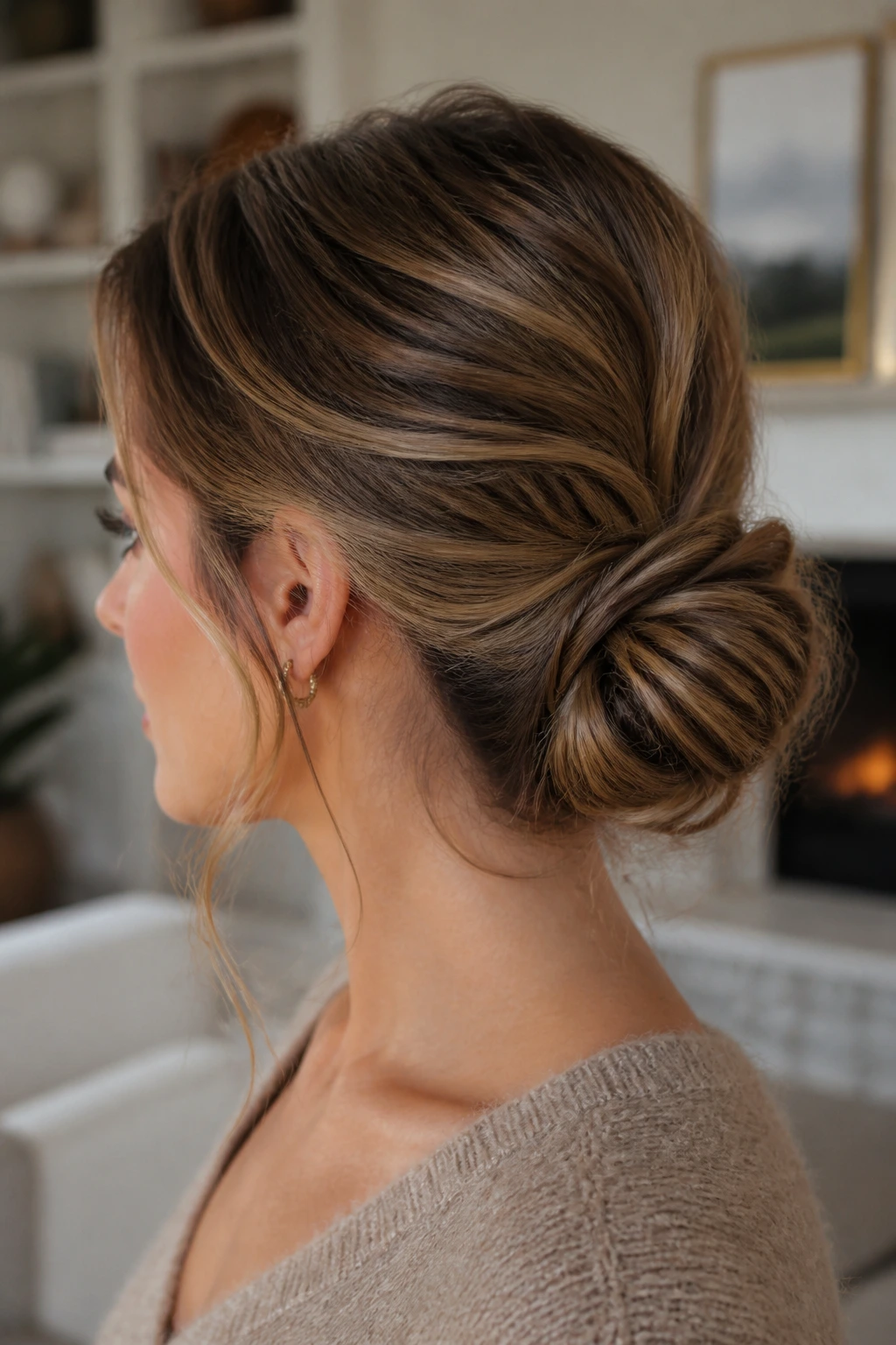 Portrait of a real woman with a textured low chignon at the nape.
