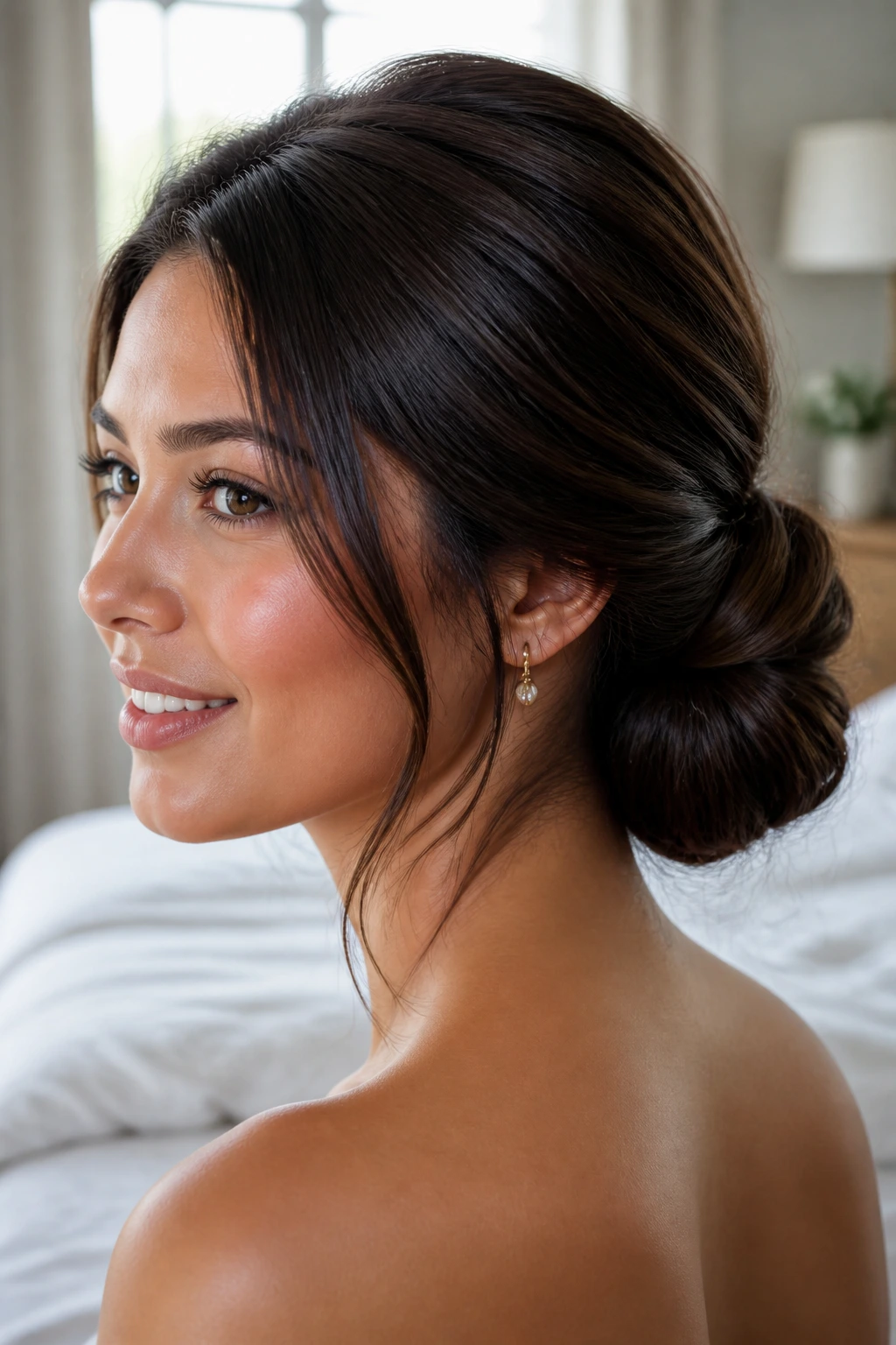 Close-up of a woman with a full sleek low chignon at the nape in warm window light