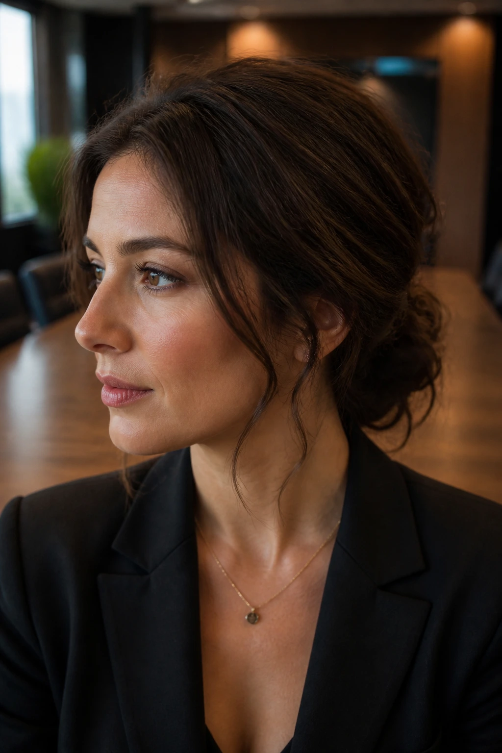 Medium close-up of a woman with a loose low chignon