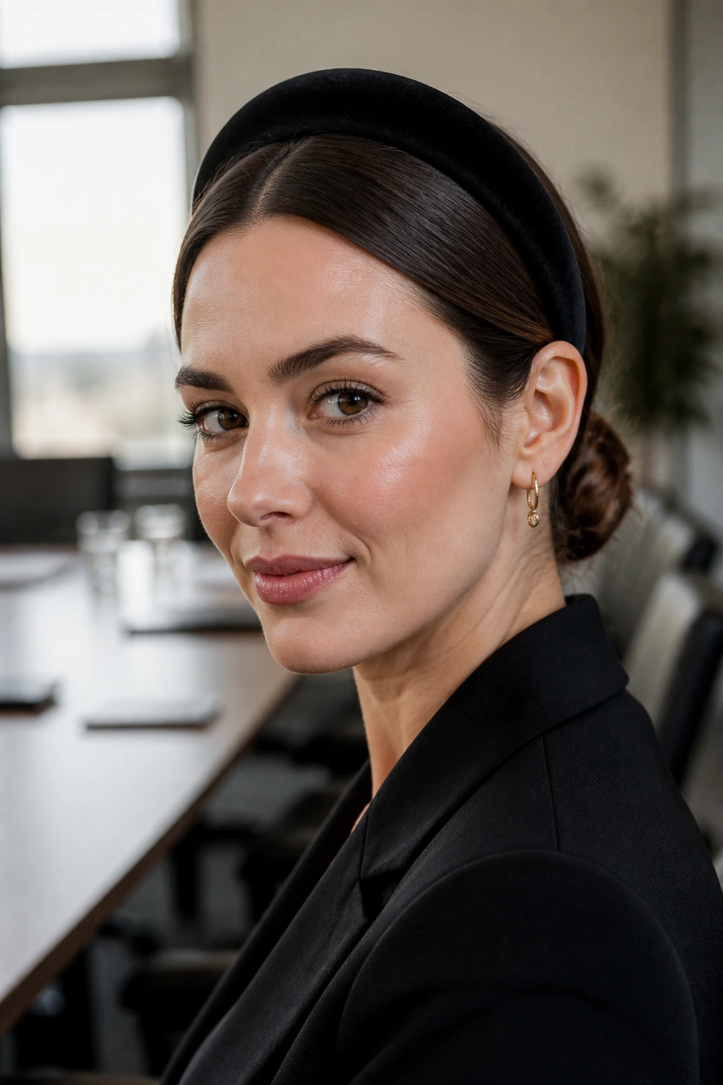 Close-up portrait of a real woman with a low sleek chignon and padded black velvet headband in an office setting