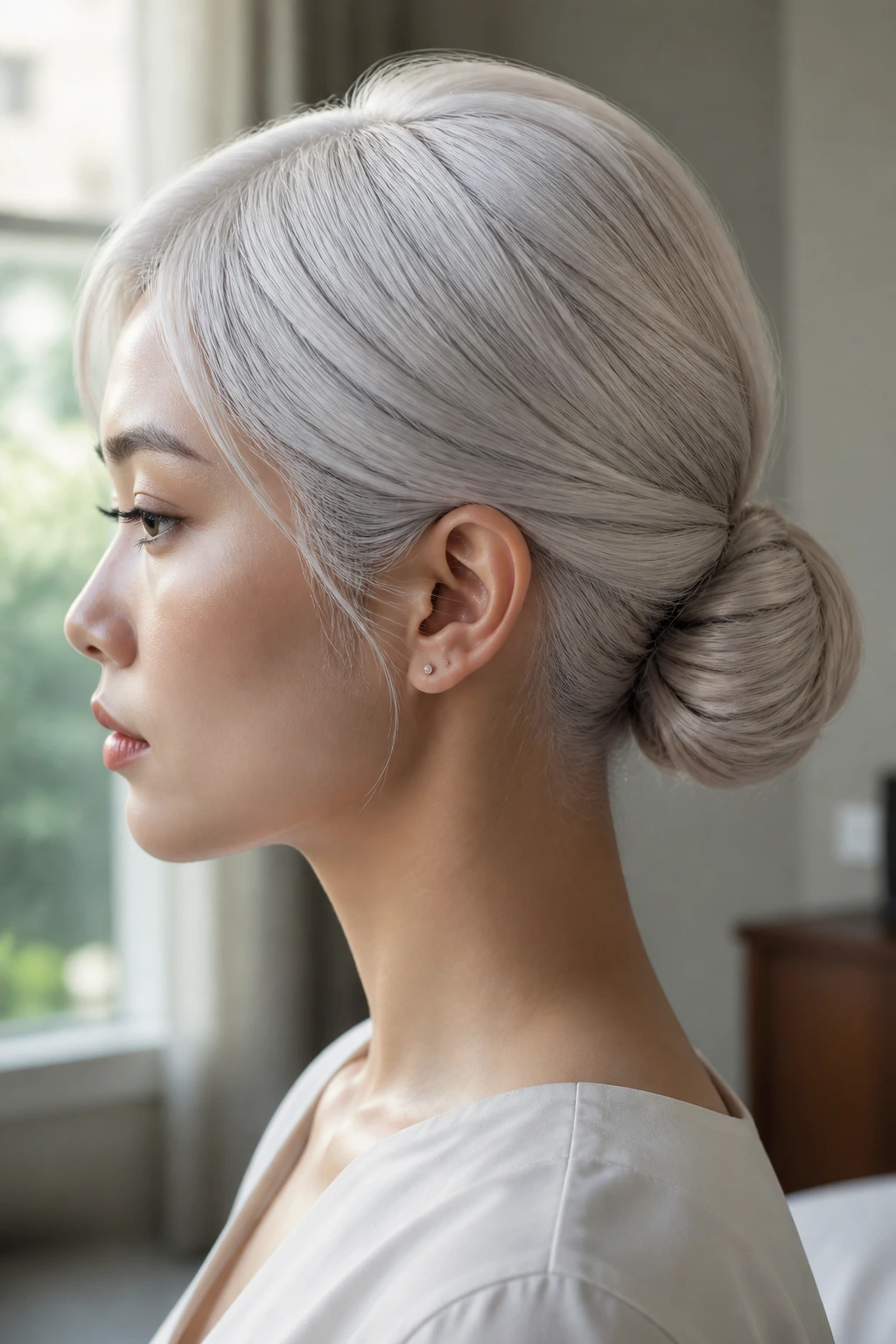 Close-up portrait of a real woman with a sleek white hair low chignon.