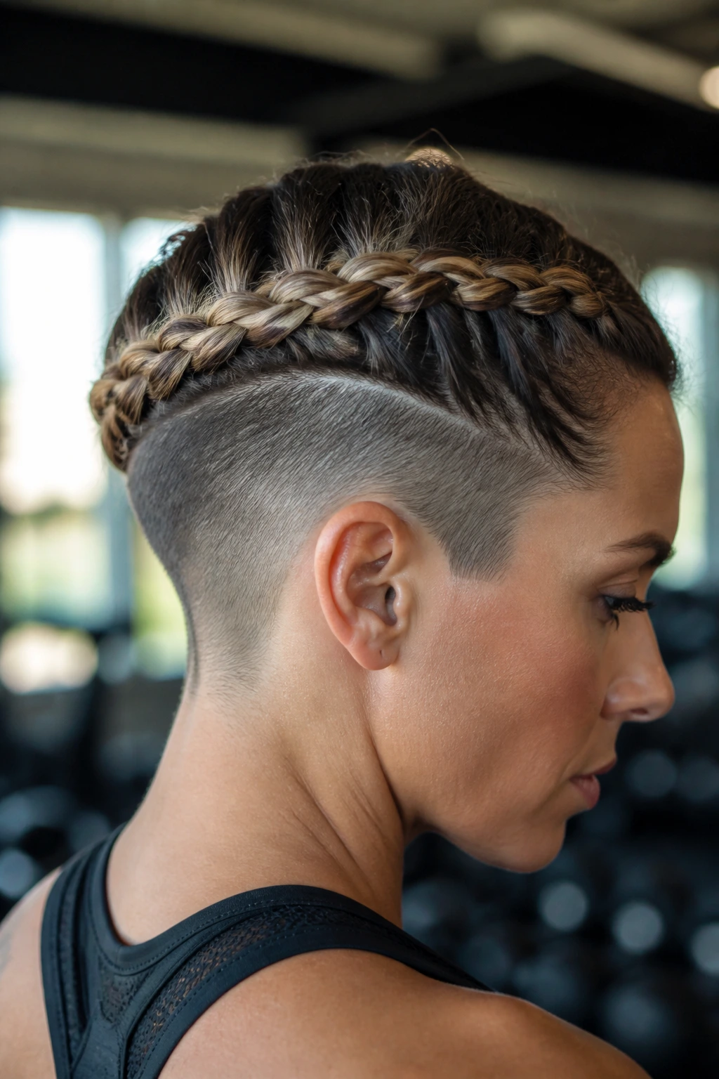 Low crown braid showing undercut detail on a real person during workout