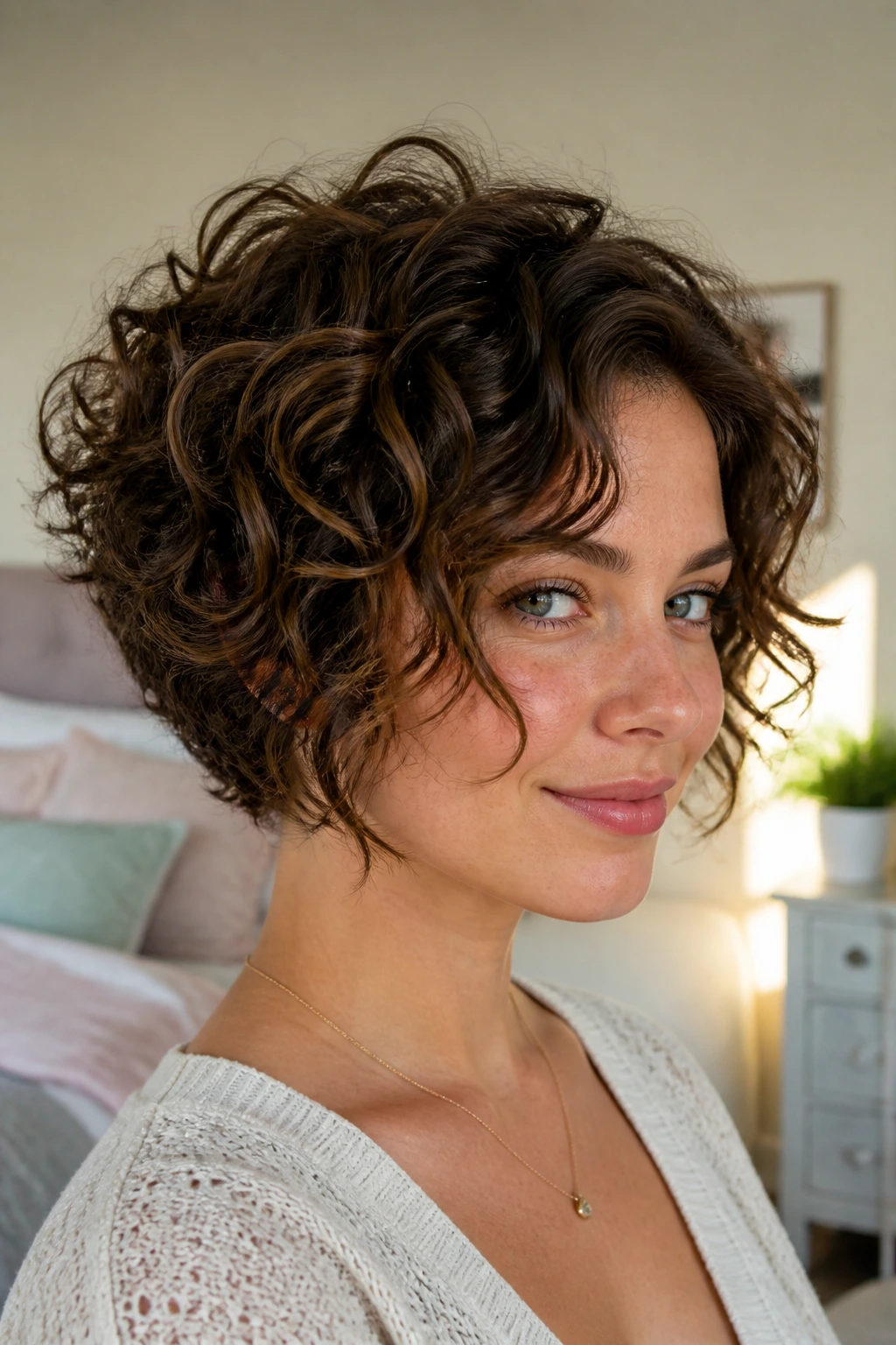 Portrait of real person with curly stack adding volume to low-density curls.