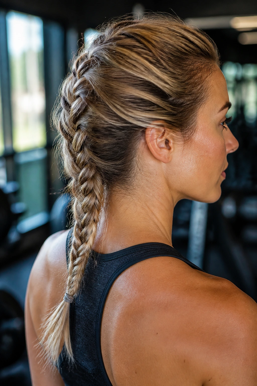 Close-up portrait of a real woman with a low Dutch braid for fine hair in a gym setting