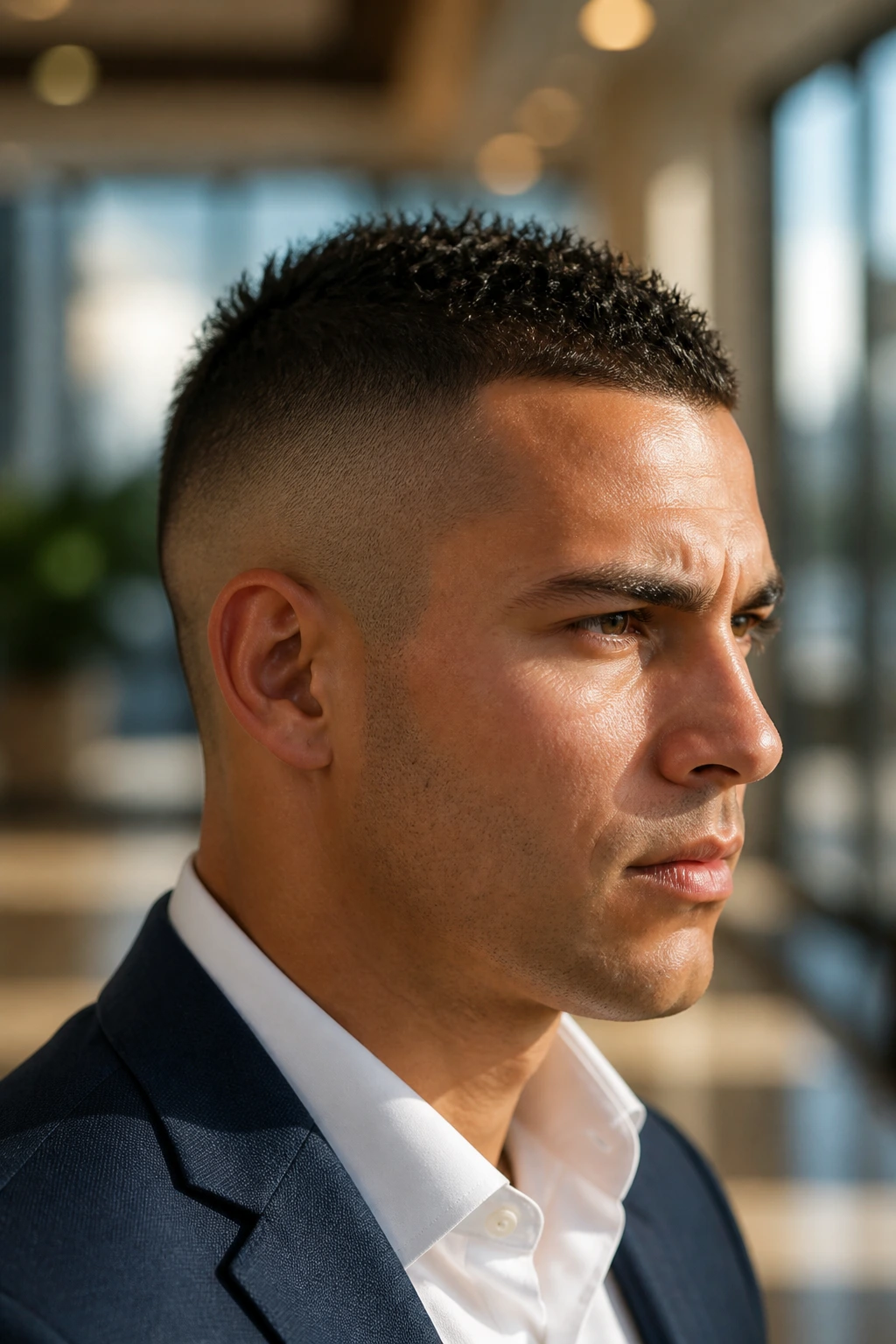 Close-up portrait of a real person with a minimalist low-fade mohawk and subtle center strip