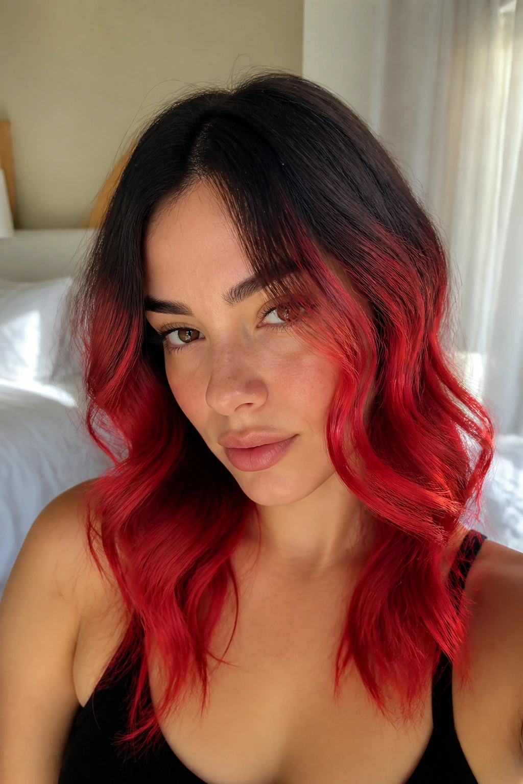 Close-up of a real woman showing dark roots and red beachy waves around the face in a sunlit bedroom