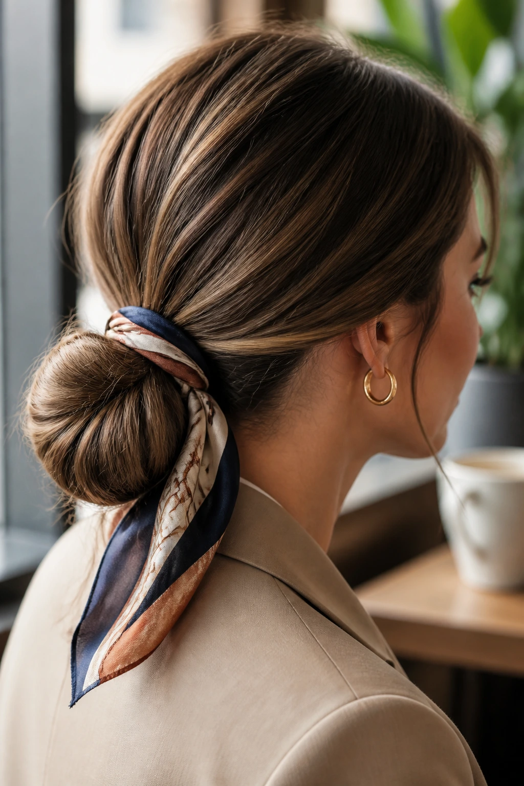 Close-up of a woman with a low knot tied with silk scarf in an office