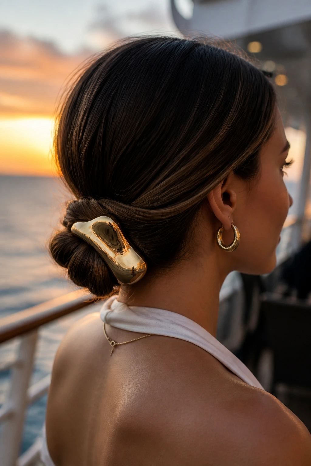 Close-up of a woman with a low knot and oversized clip on a cruise ship deck at sunset