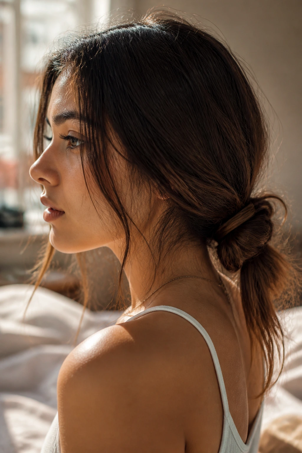 Close-up of a real woman showing a low knot with loose ends hairstyle at the nape
