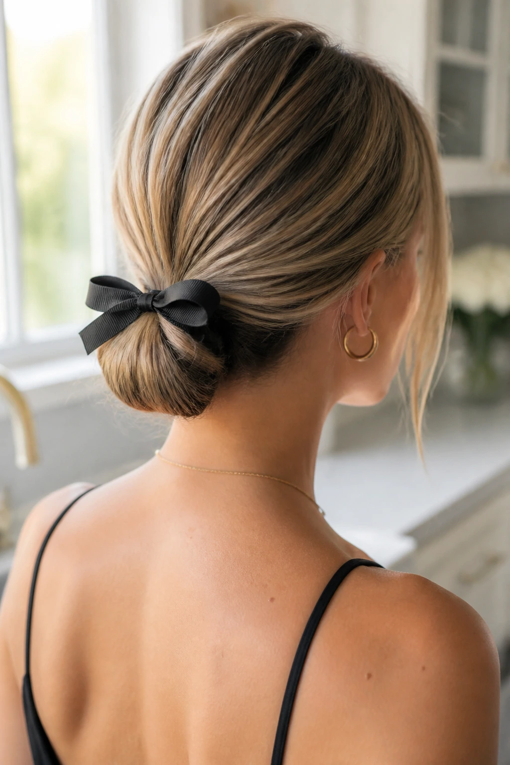 Back view of real woman with low loop bun and grosgrain ribbon