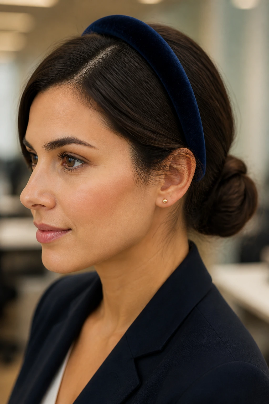 Close-up of a real woman with side-part and low loop bun framed by midnight blue velvet band in an office