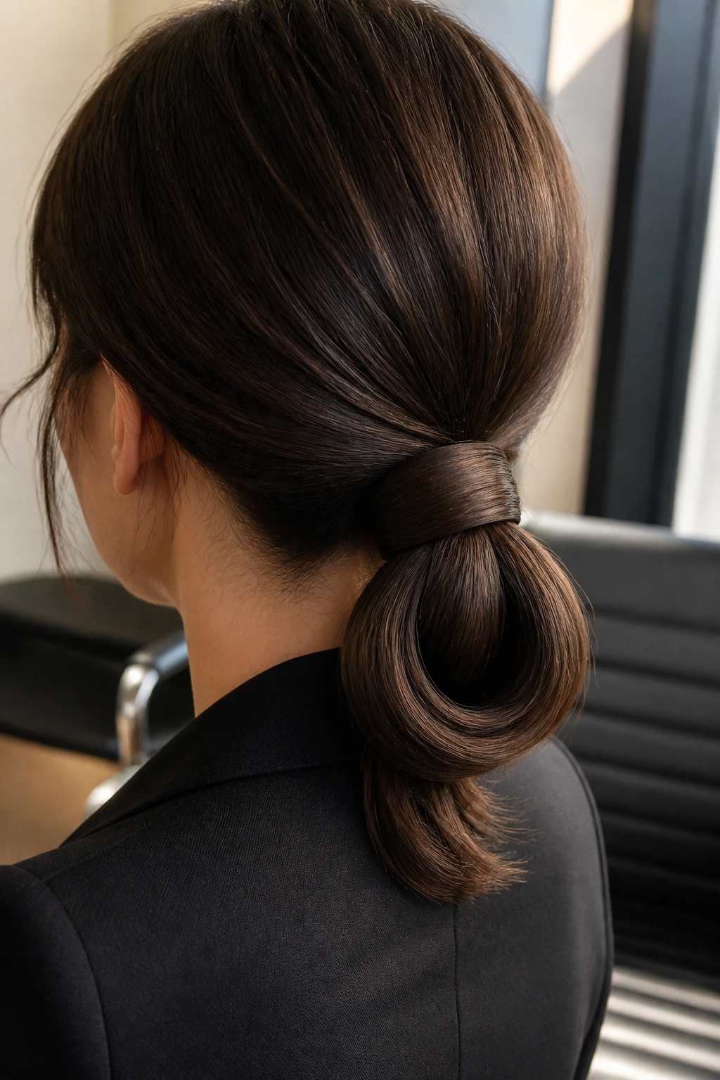 Back-profile of a real woman showing a double-wrapped low loop at the nape
