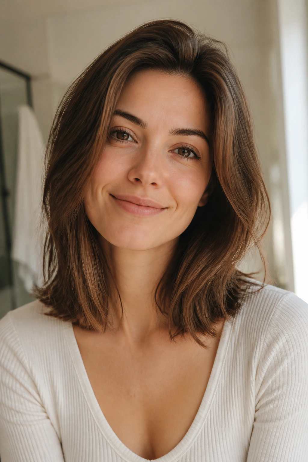 Close-up of a real person with low-maintenance natural hair in soft morning light.