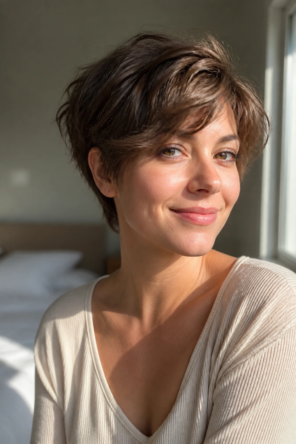 Close-up of a woman with a low-maintenance haircut in morning light