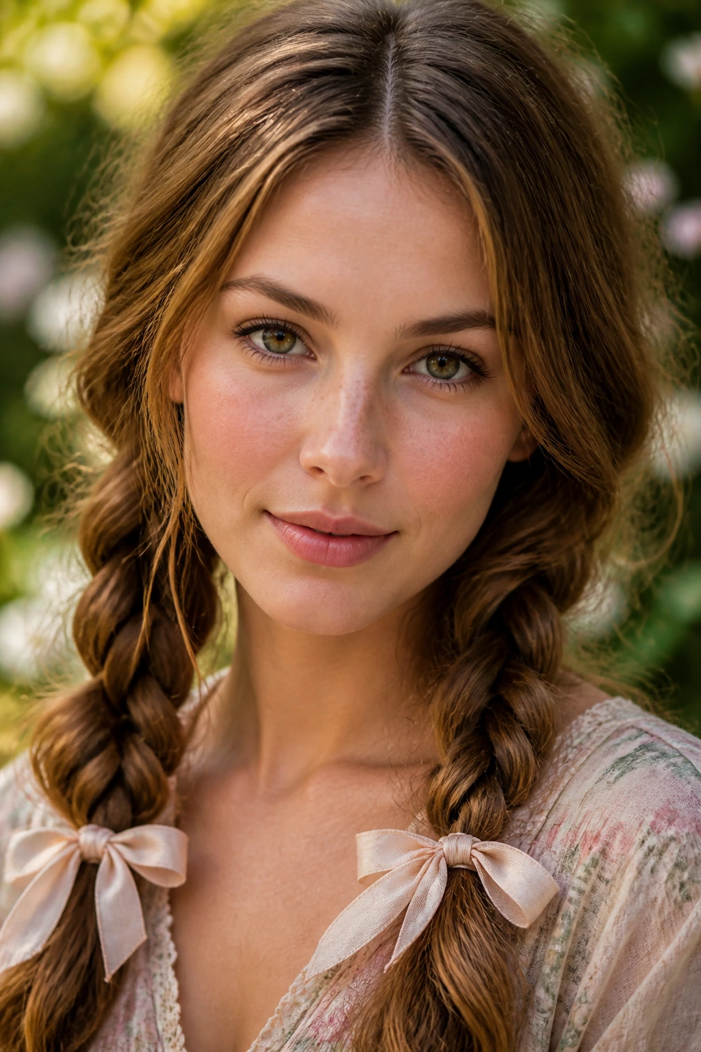 Close-up portrait of a real woman with two low messy braids tied with ribbons in a sunlit garden