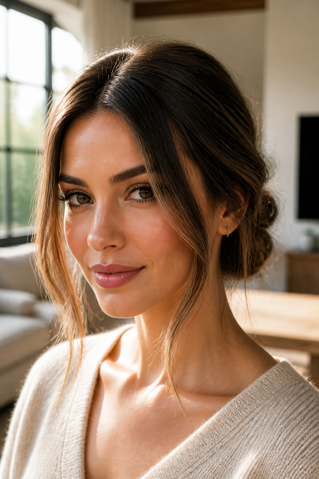 Close-up portrait of a woman with a low messy bun and face-framing pieces