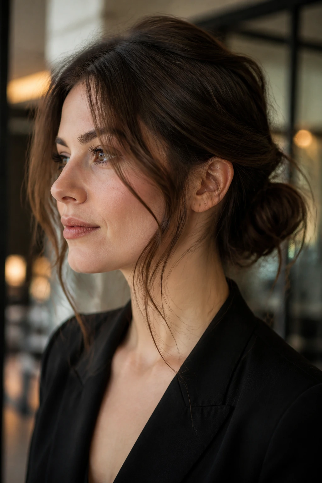 Real person with tousled low messy bun and face-framing tendrils in office space