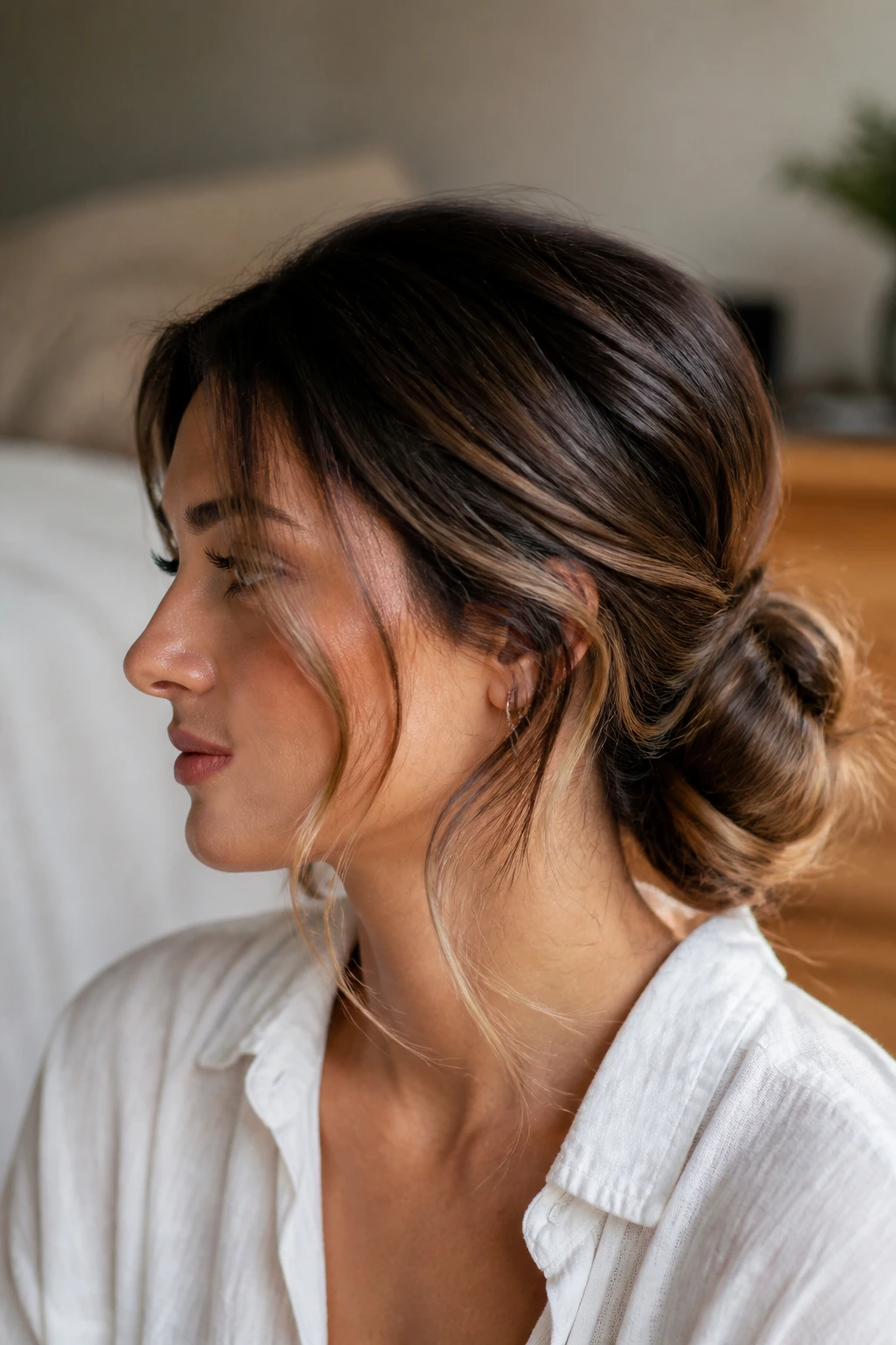 Close-up of a real person with a loose, low messy bun and face-framing pieces