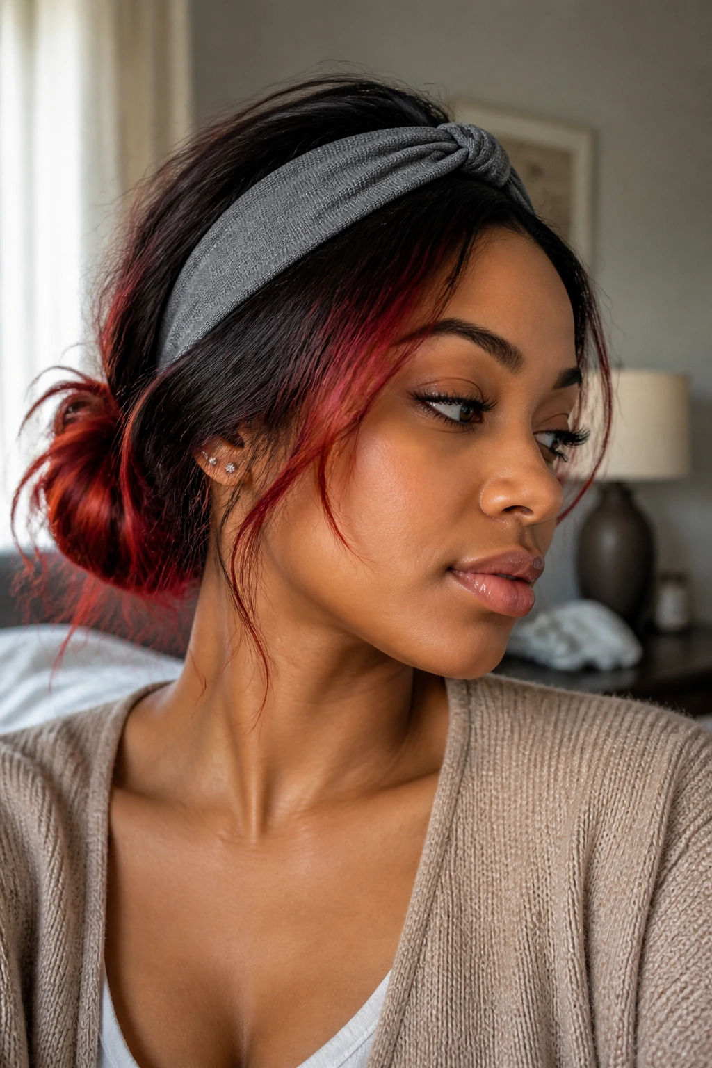 Close-up portrait of a real woman wearing a low messy bun and headband with black-to-red hair
