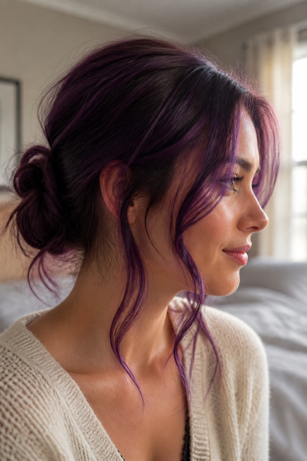 Close-up of a real person with a low messy bun and face-framing curls on purple hair, soft morning light