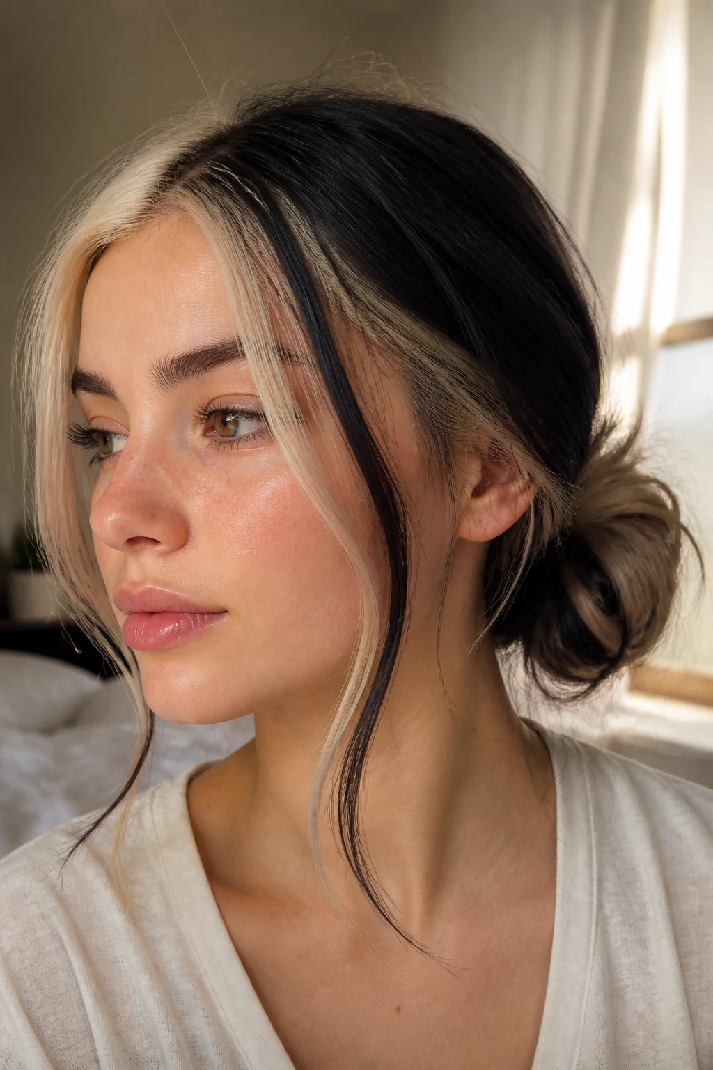 Close-up of a real woman with a low messy bun and face-framing tendrils in Gemini split-dye