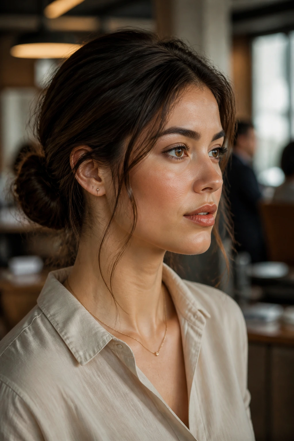 Close-up of a woman with a low messy bun and soft tendrils in a modern office