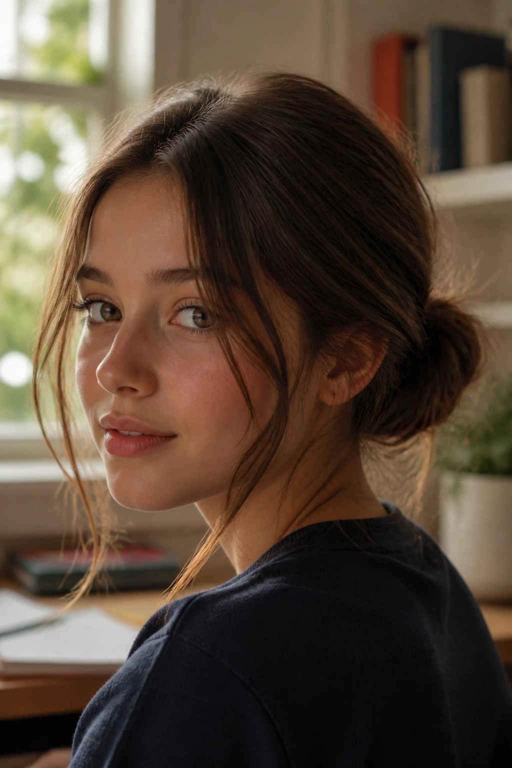 Close-up of low messy bun with tendrils on real student in study nook