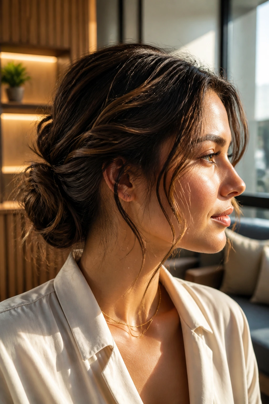 Woman with a textured low messy bun and loose pieces around the temples
