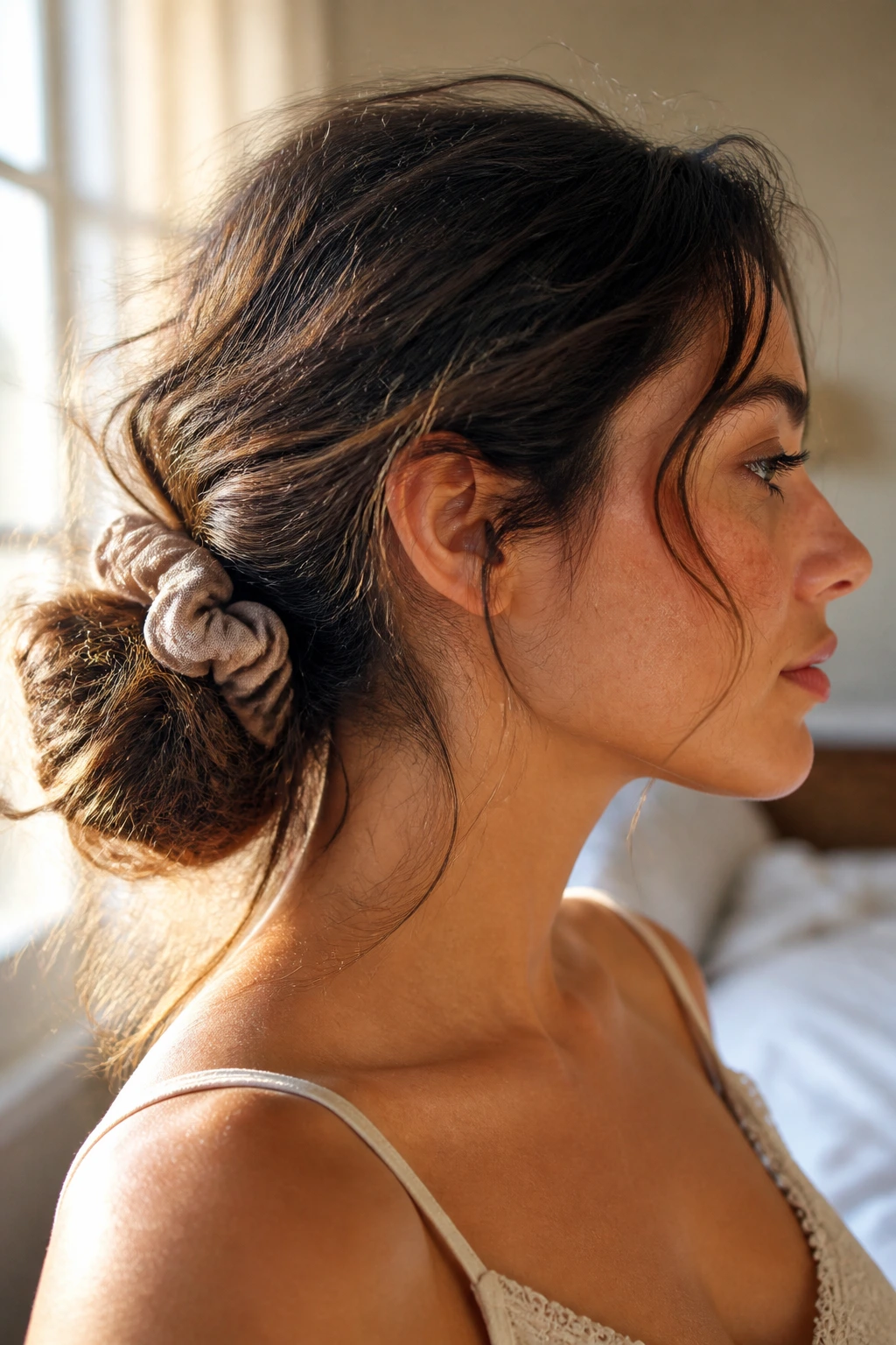 Close-up of a real woman with a low messy chignon at the nape and wispy frizz
