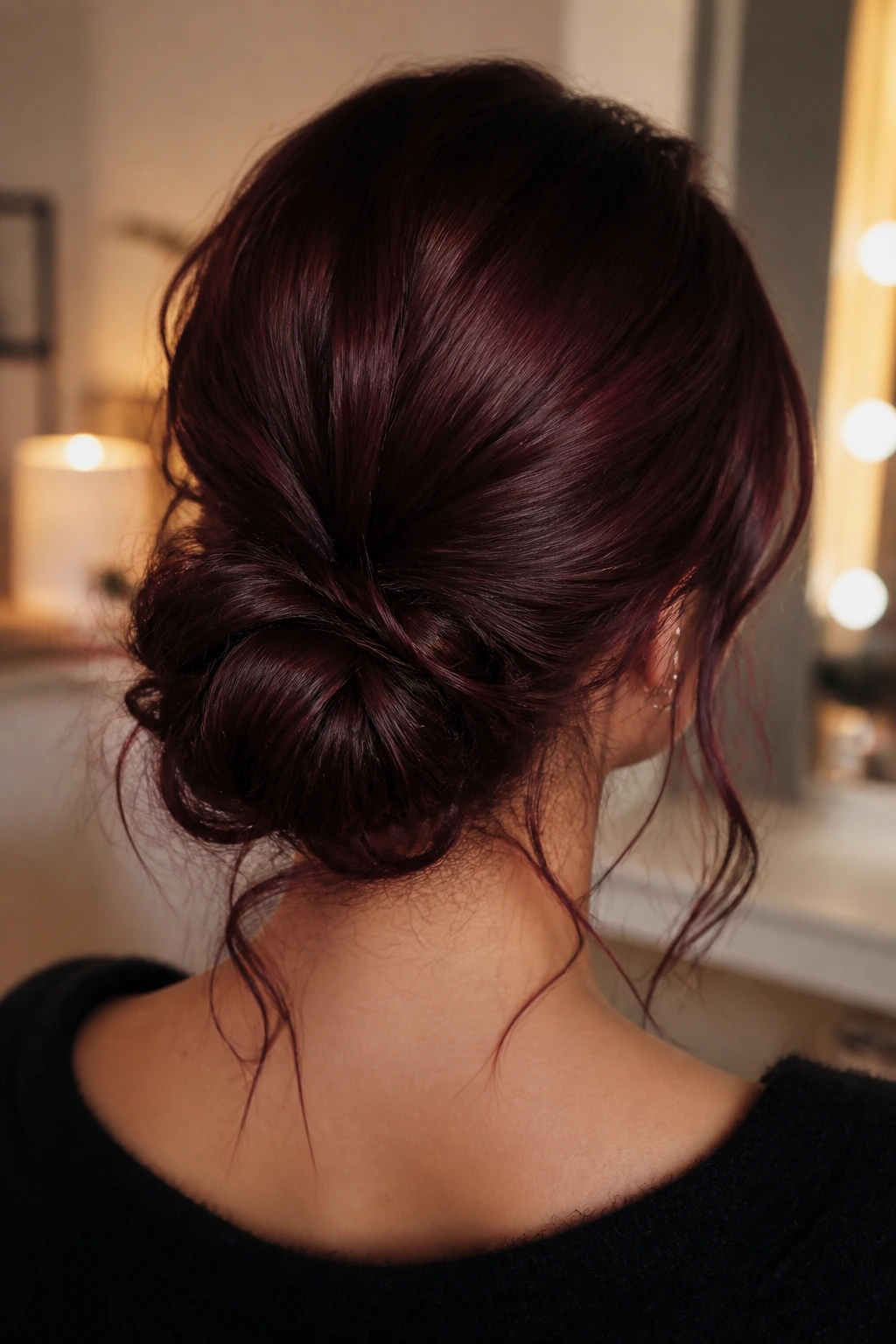 Back-of-head portrait showing a loose low chignon on maroon hair.