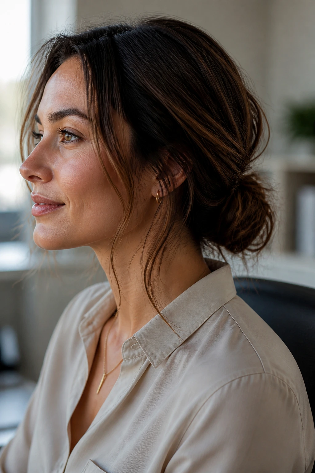 Close-up of a real woman showing a low messy knot at the nape in a casual office setting