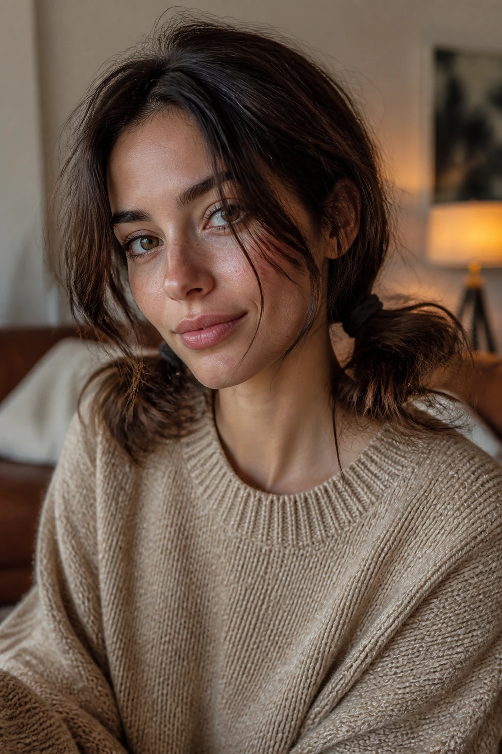 Close-up of a real woman with two low messy pigtails