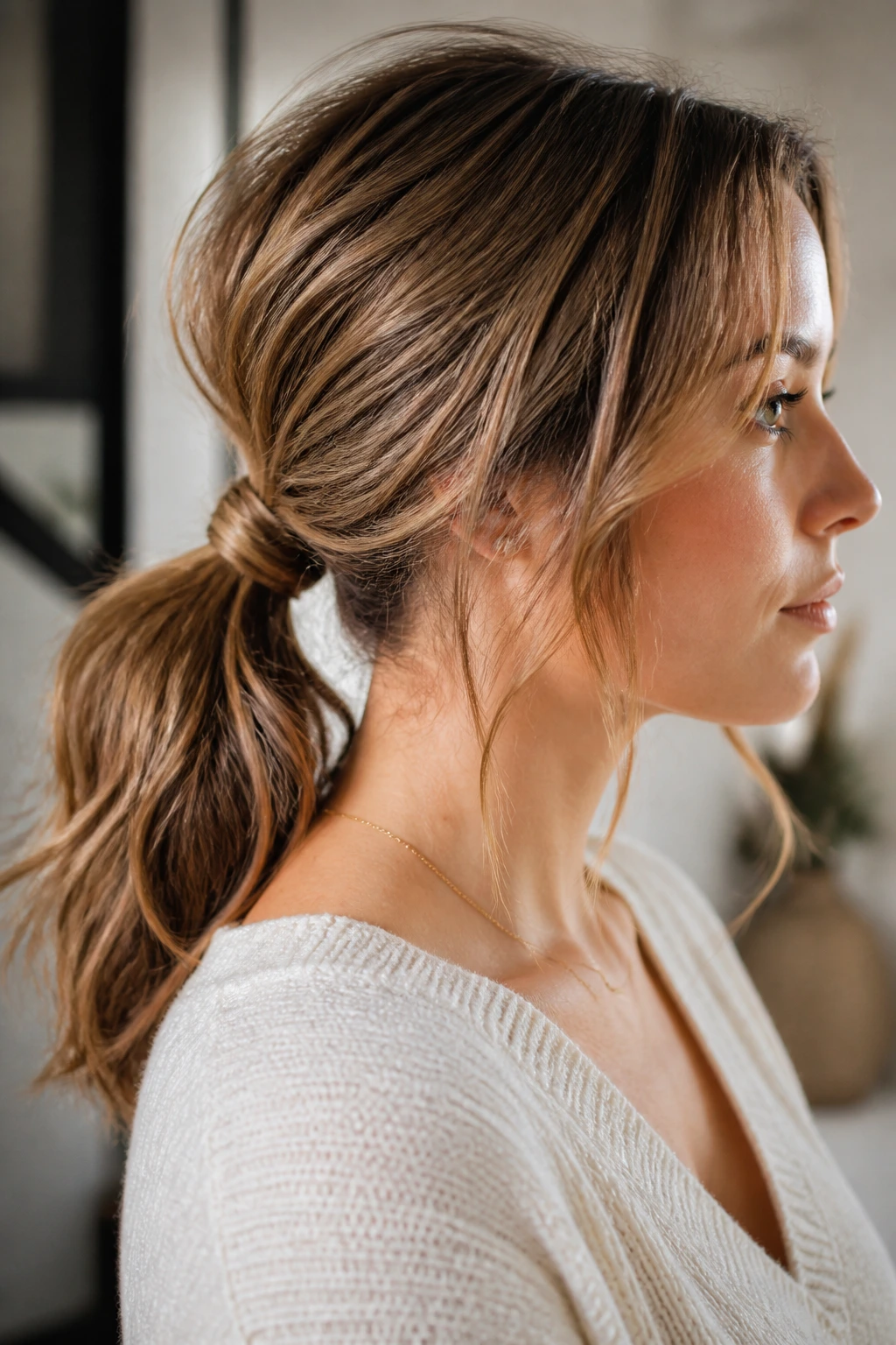 Close-up portrait of a woman with a low messy ponytail and a hidden elastic wrap.