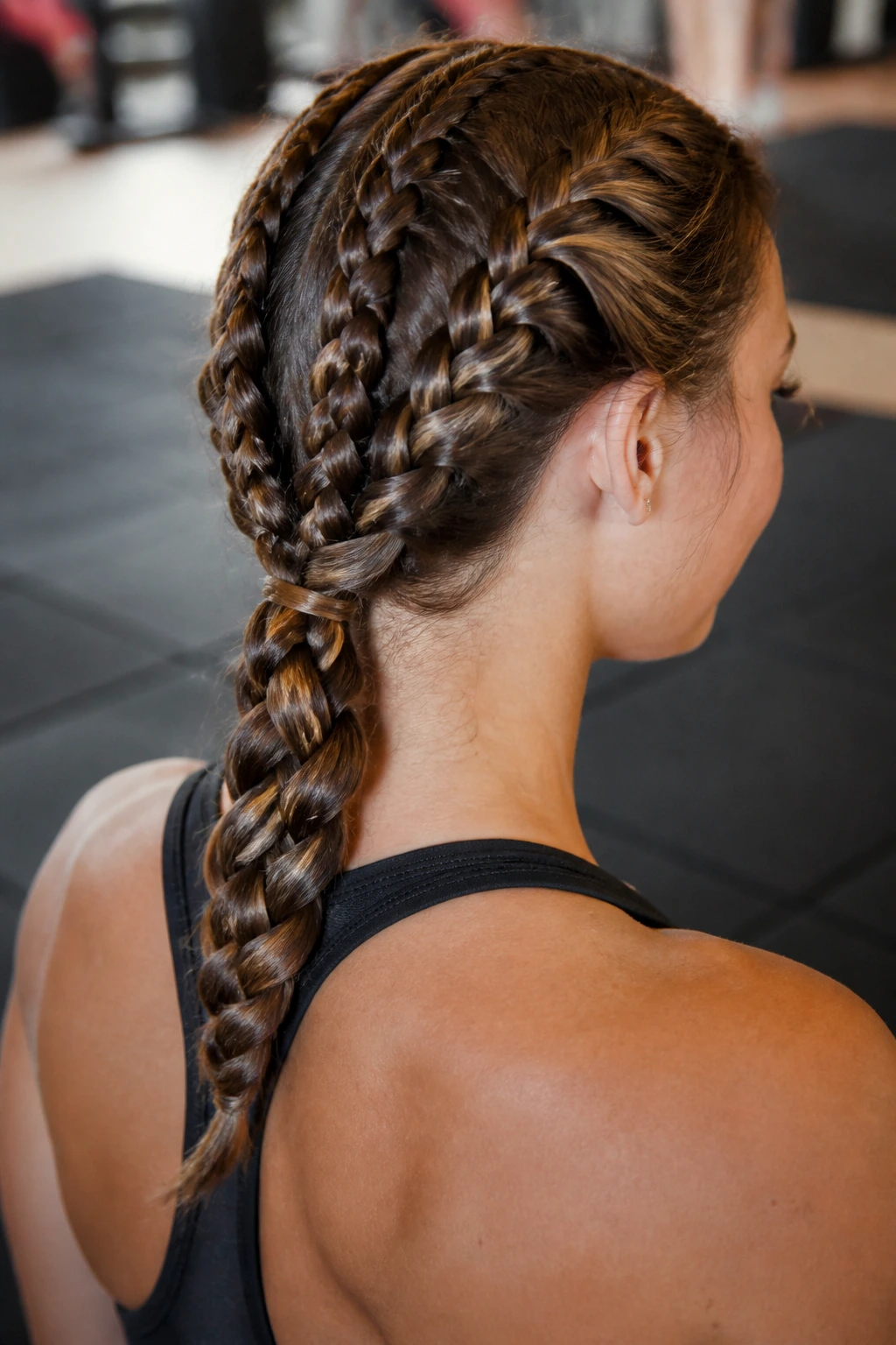 Real woman with three small Dutch braids at the back feeding into a thick nape braid