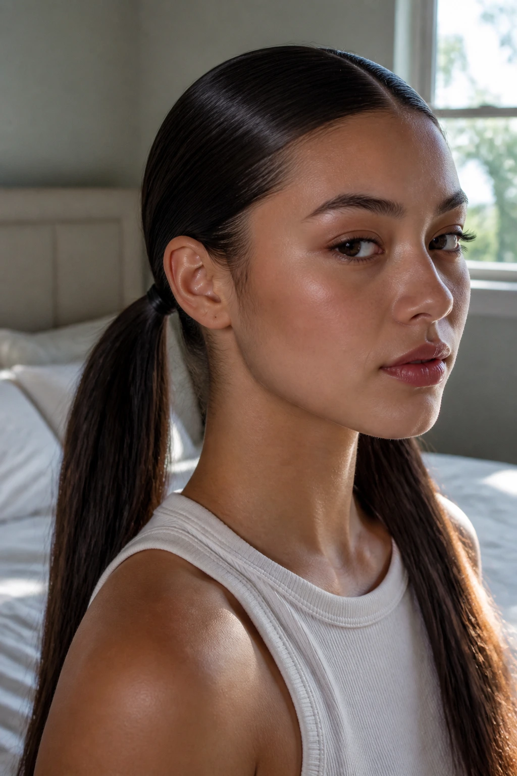 Close-up of a real woman with two low sleek pigtails at the nape of the neck