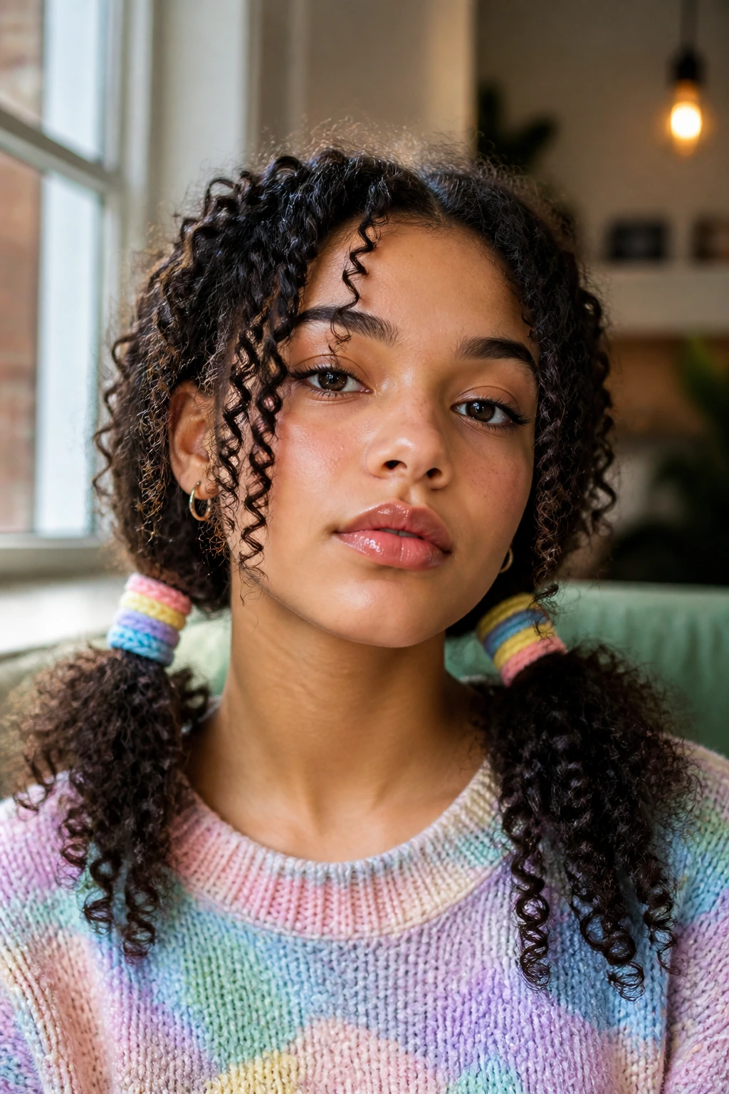 Real person with low pigtails wrapped in pastel yarn