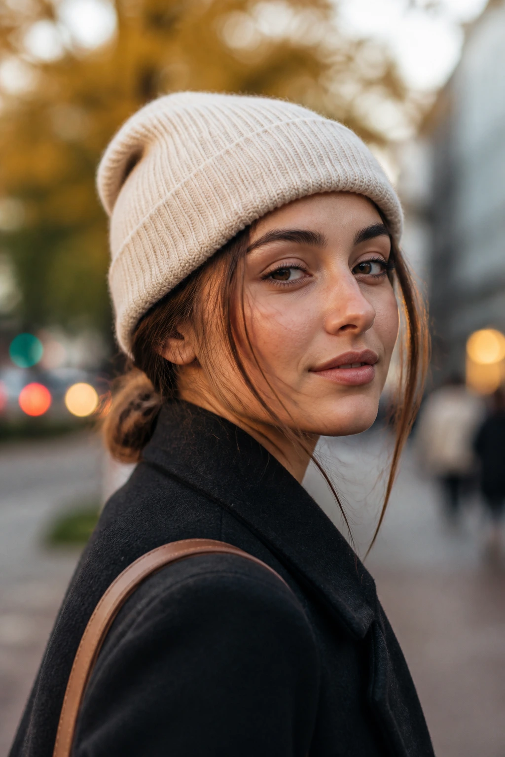 Close-up of a person wearing a beanie with a low ponytail