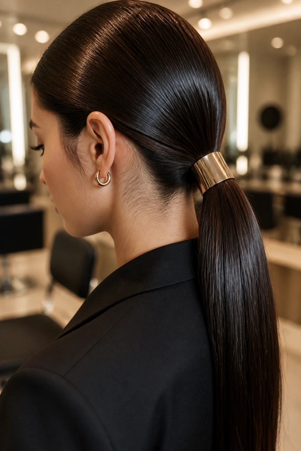 Close-up of a woman with a sleek low ponytail accented by a metallic cuff