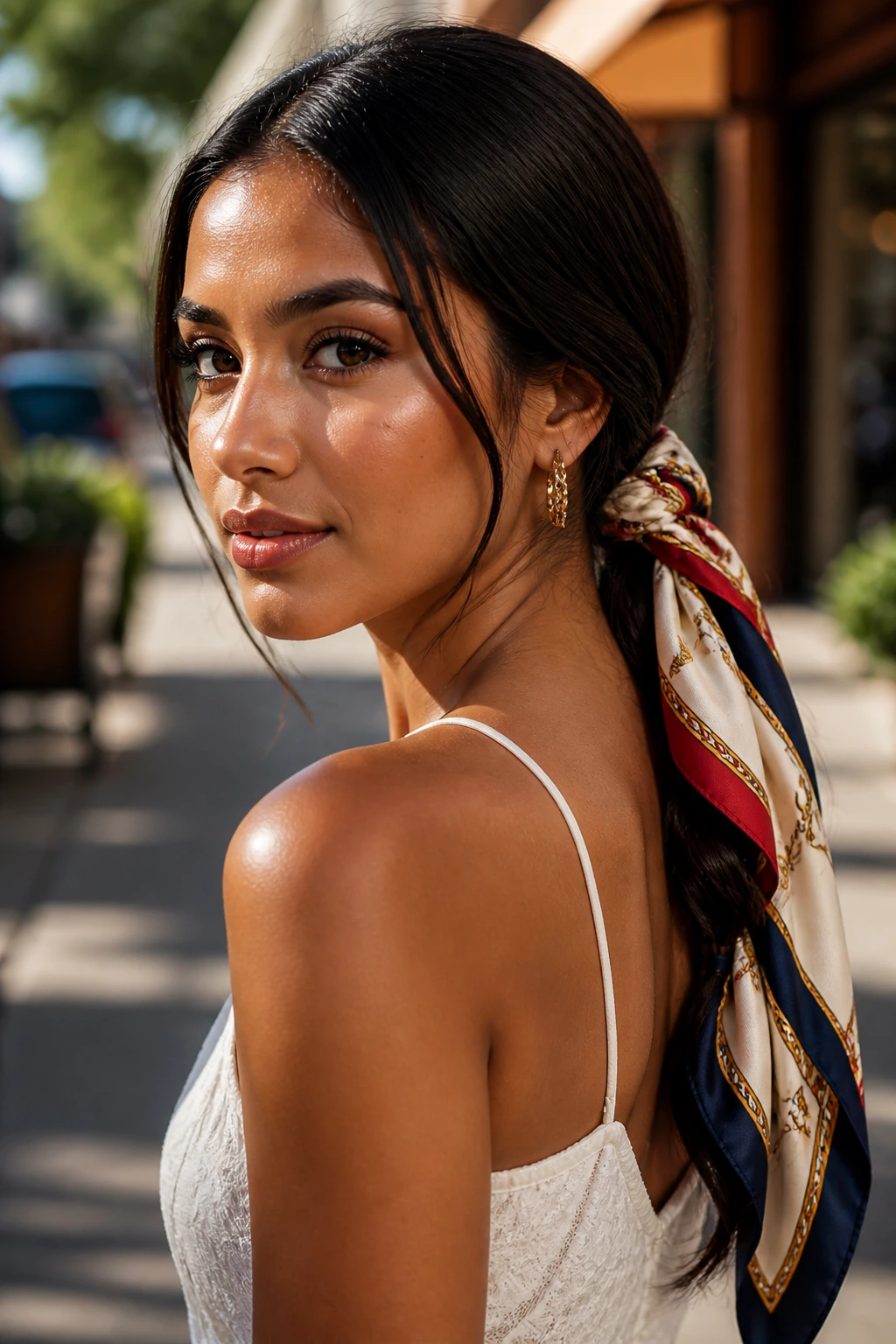 Close-up of a woman with a low ponytail wrapped with a patterned scarf at the base