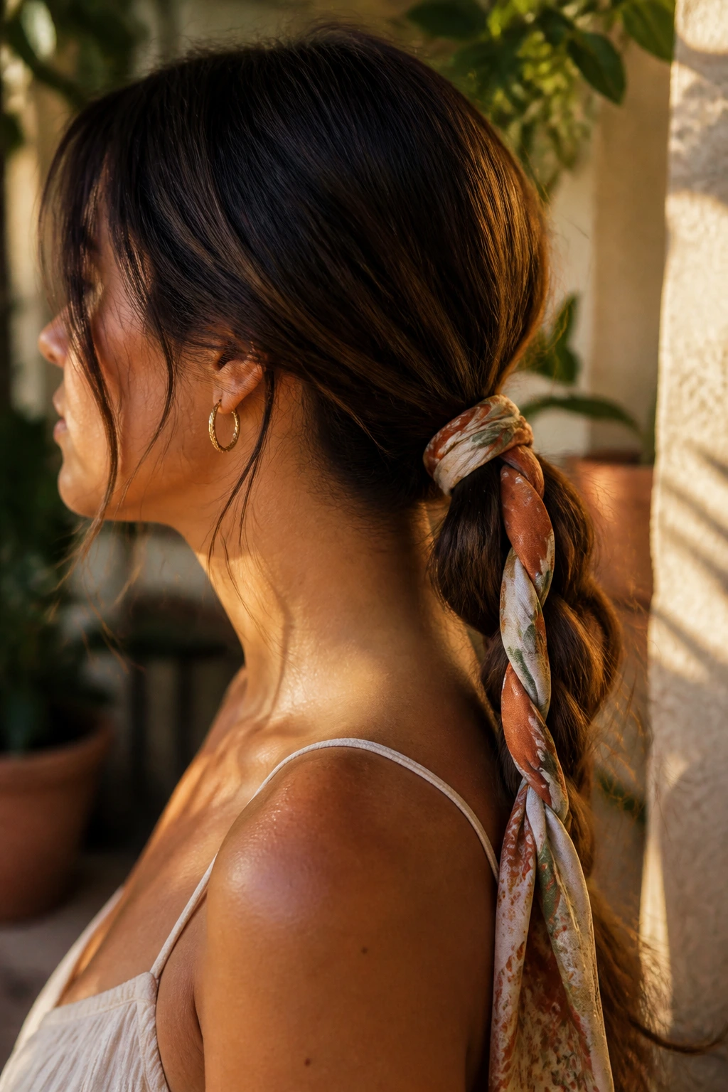 Close-up of a low ponytail with a scarf woven through the braid in golden hour light