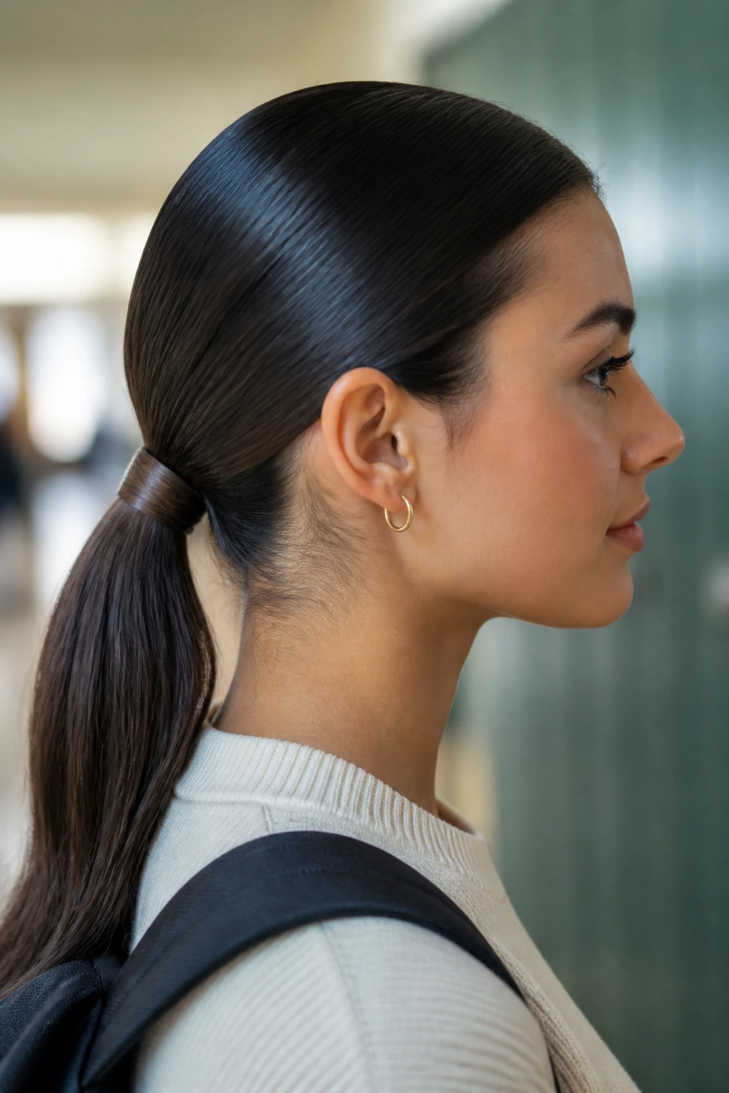 Close-up portrait of a woman with a sleek low pony and wrapped base