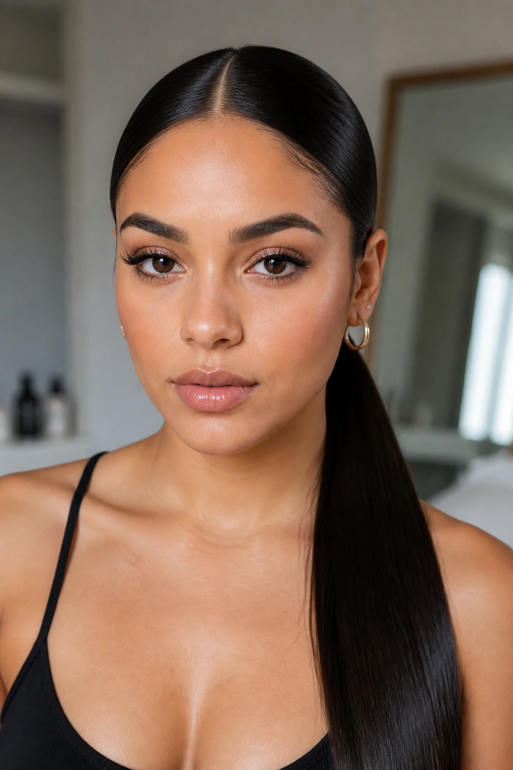 Front-facing real woman with a center part and sleek low ponytail at the nape