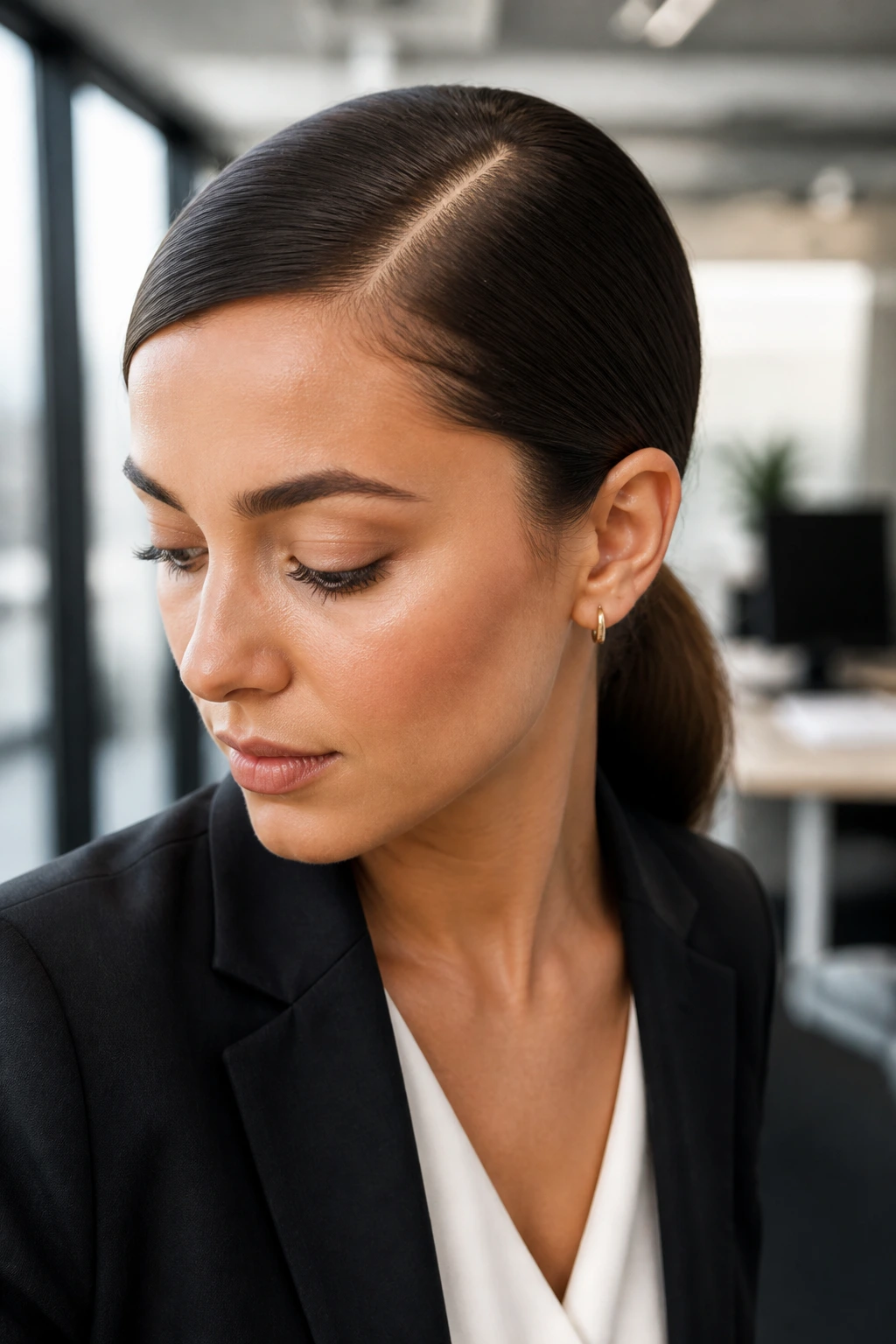Real woman with sleek low ponytail and deep side part