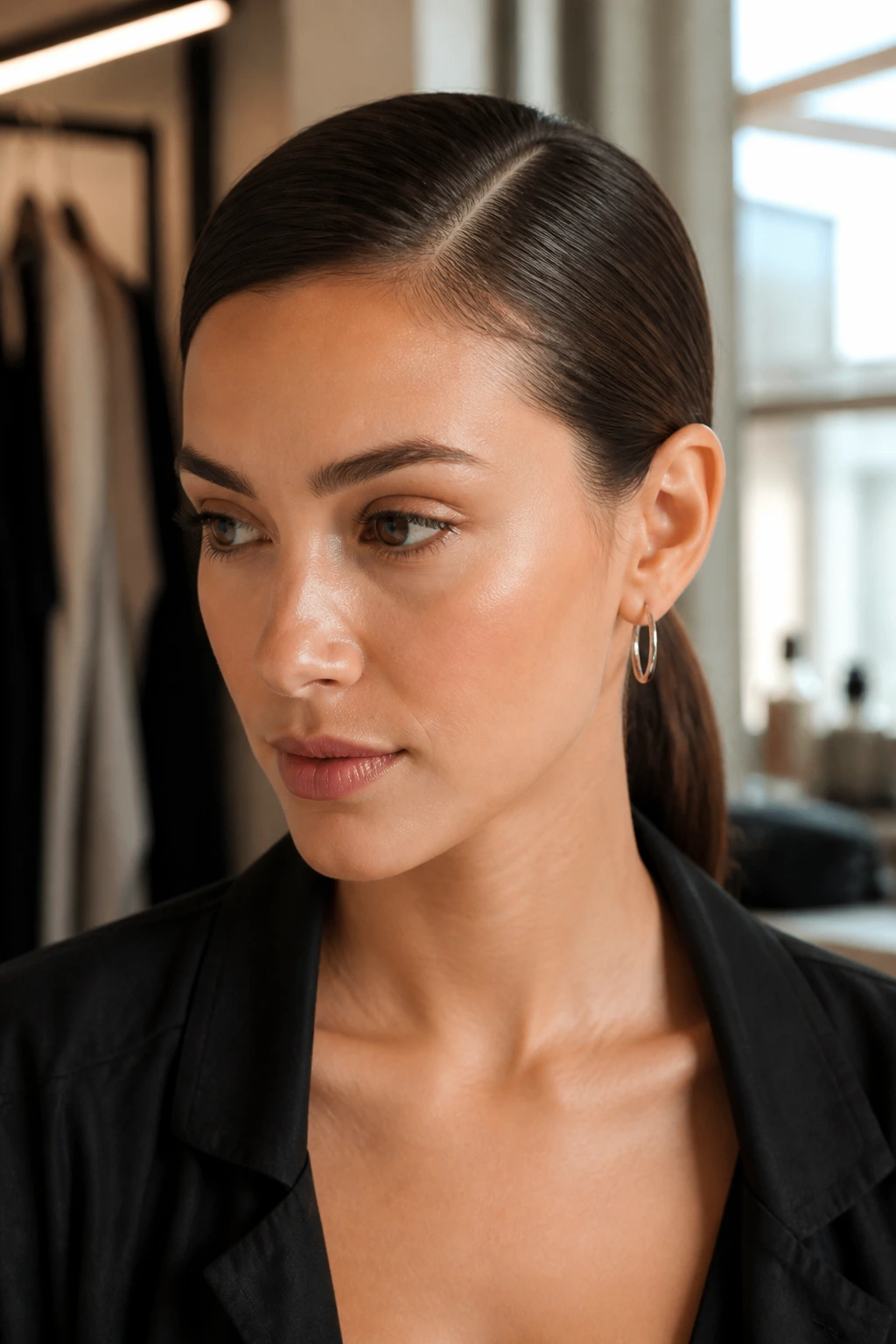 Close-up of a real woman with a deep side part and smooth low ponytail