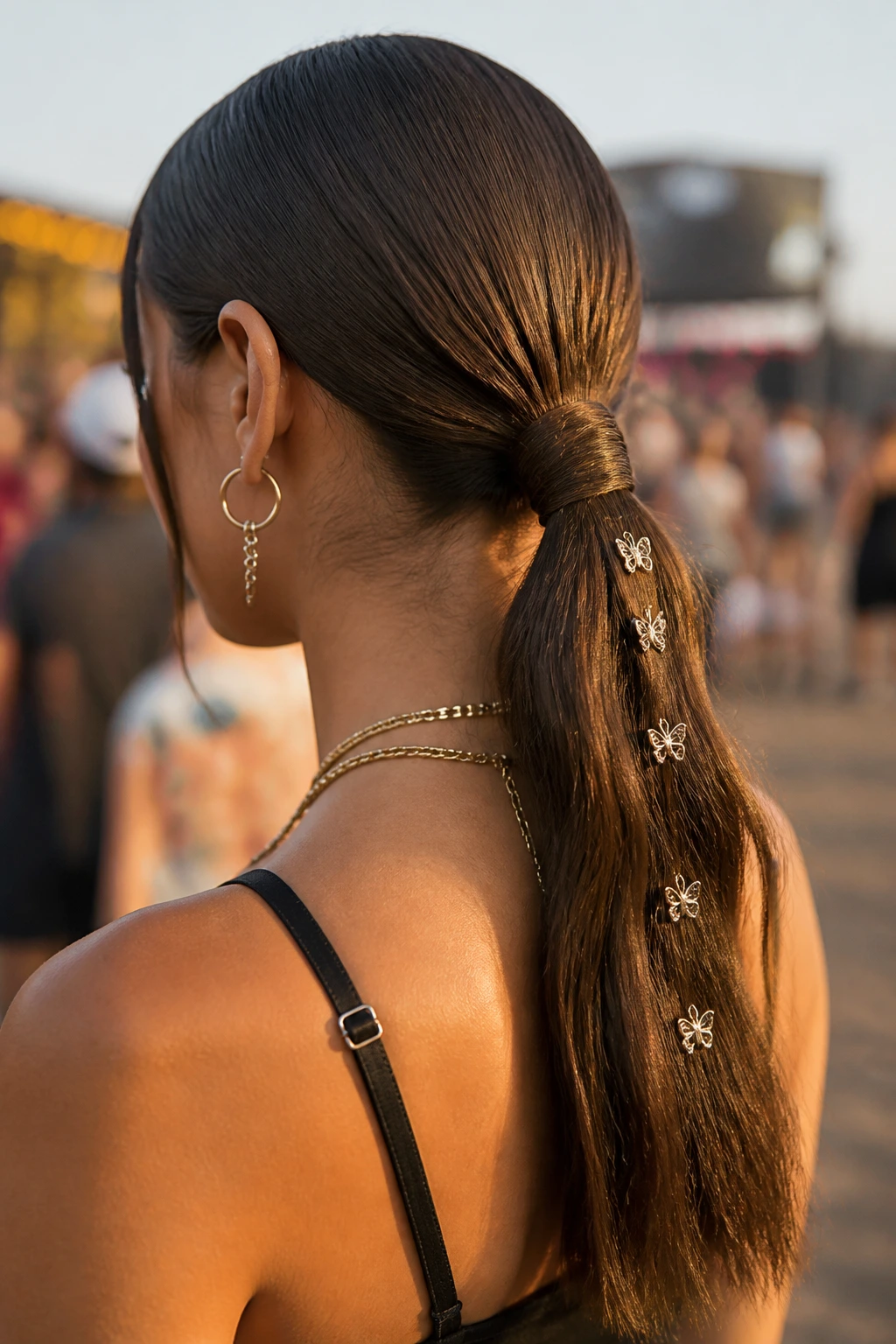 Woman with embellished low ponytail at festival