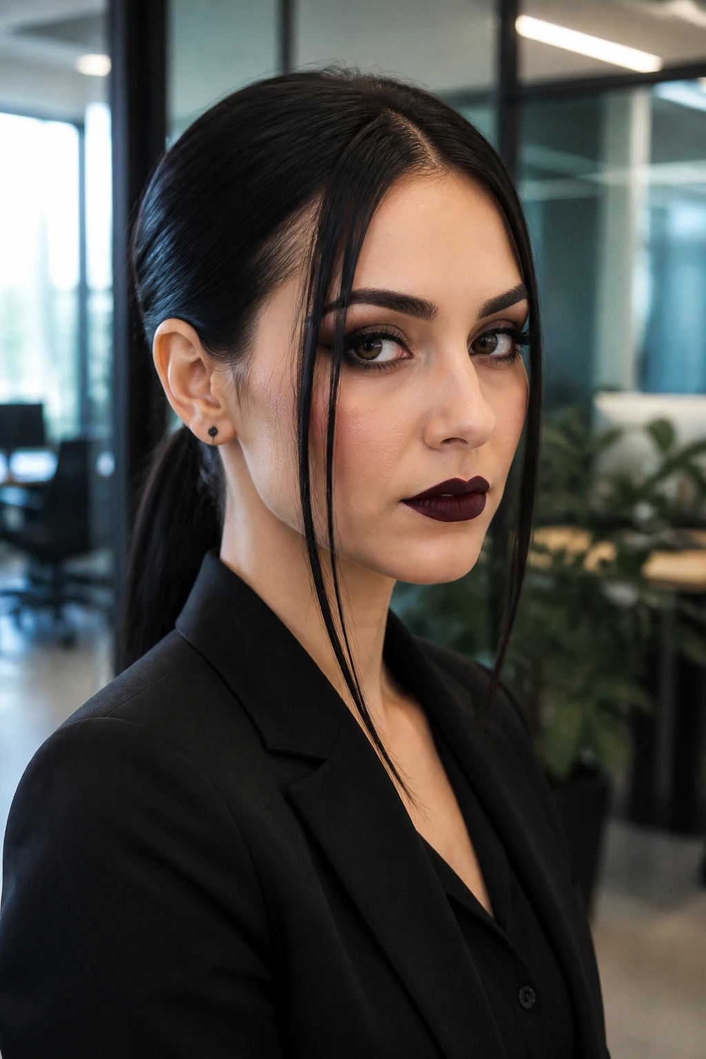 Portrait of a person with a sleek low ponytail and front strands in an office setting.