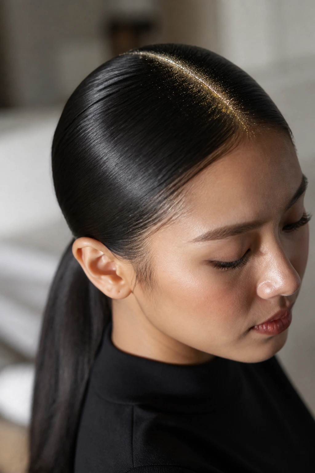 Close-up of real woman with sleek low ponytail and holographic gold glitter along part