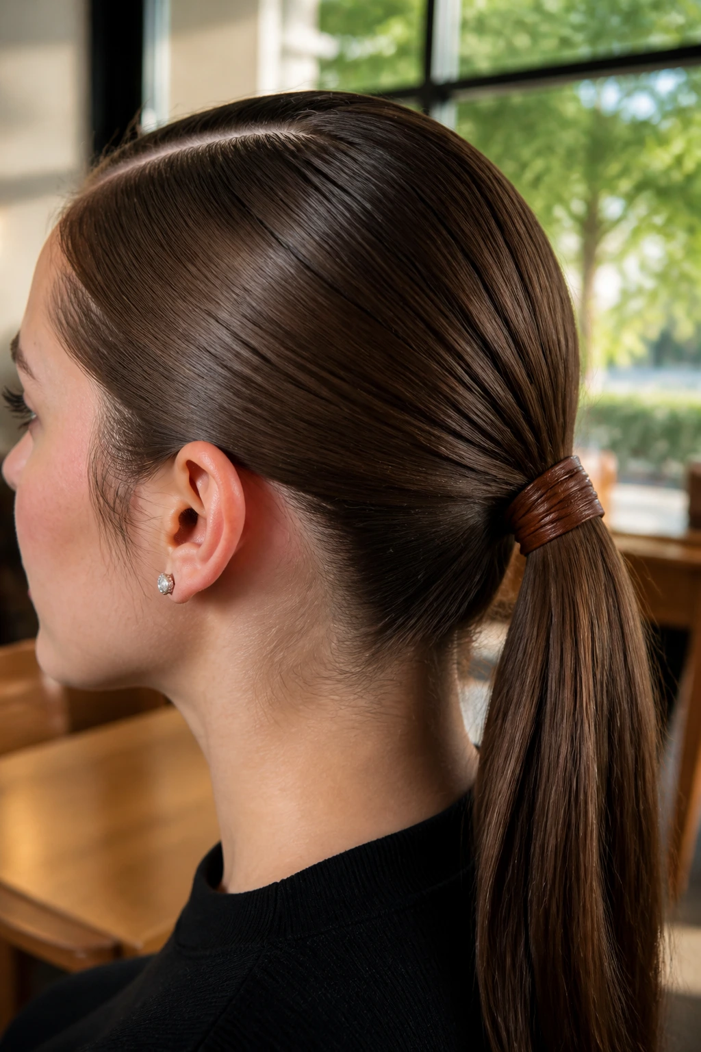 Sleek Low Parted Ponytail with Leather Wrap close-up of a real student with a polished low ponytail and leather wrap