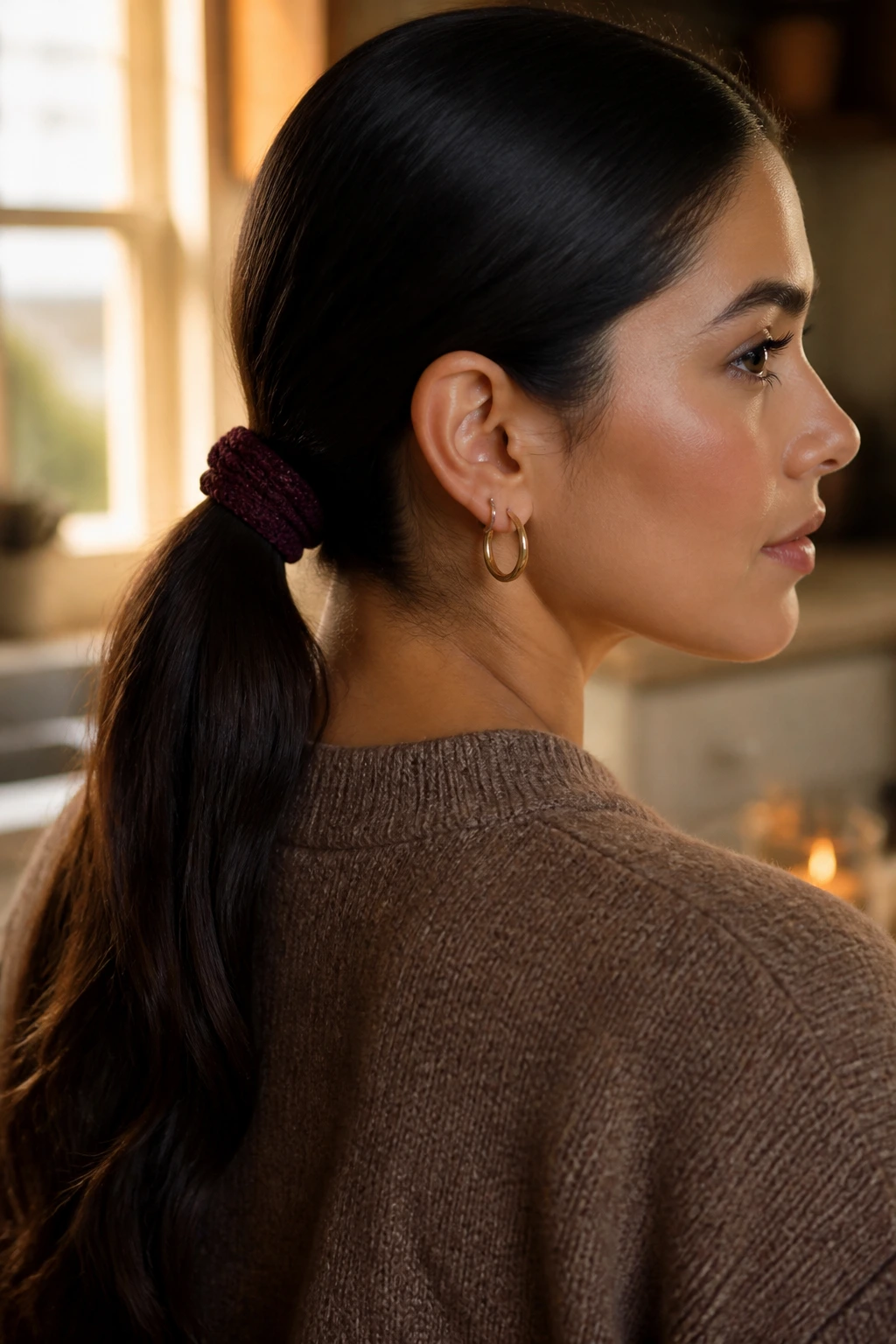 Close-up of a woman wearing a burgundy ribbed hair tie in a low ponytail