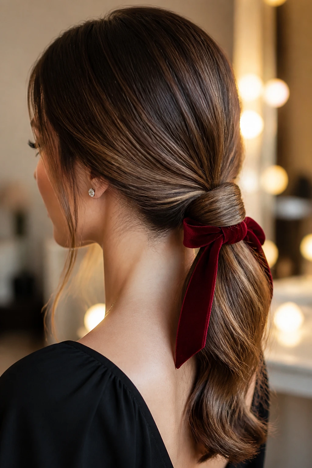 Close-up of a real woman with a low ponytail and ribbed knot with velvet ribbon